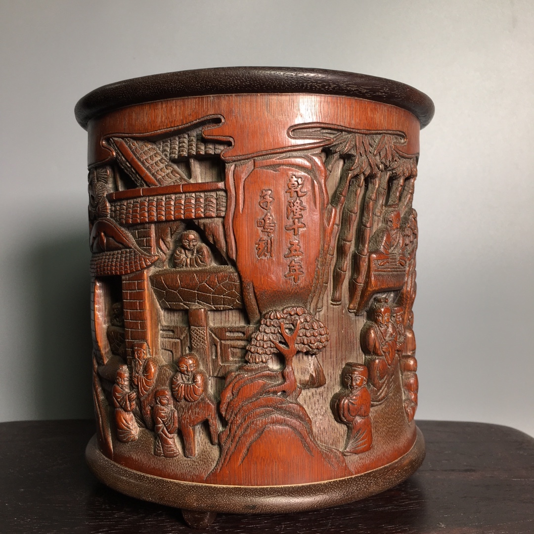 中国 清代 古木彫 筆筒 細密毛彫 時代物 中国古美術 極細工 置物 木彫り 東洋彫刻 唐物 S76拍卖