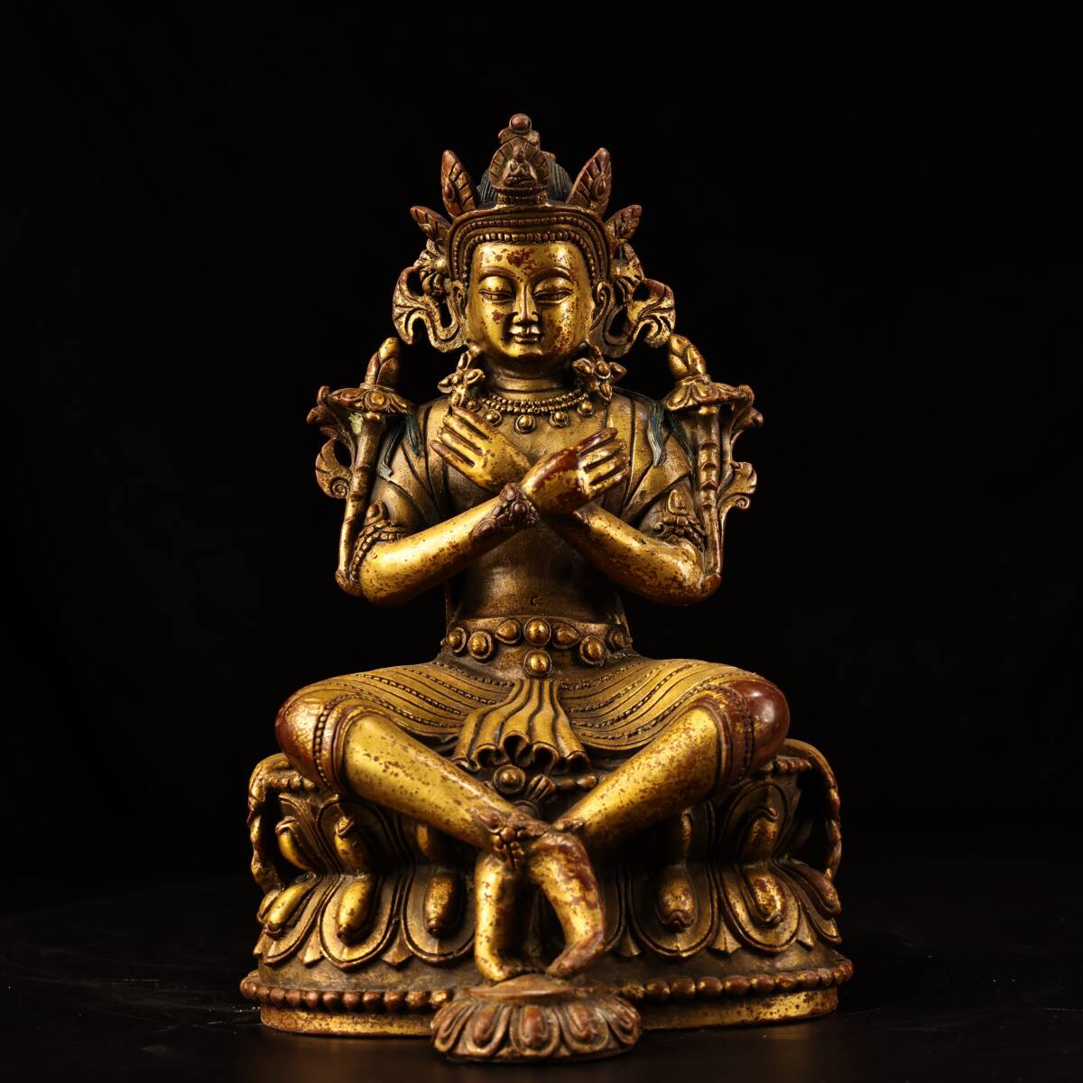 仏像 清 紫銅琉金 チベット仏教 高浮雕鏨刻【金剛總持】造像 仏教古美術 供養品 極細工 時代物 古置物 中国古美術 唐物 旧蔵 S76拍卖