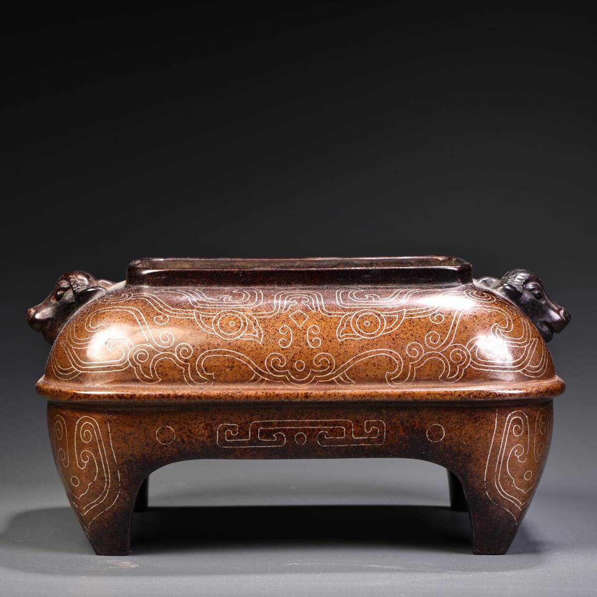 旧蔵 清代 紫銅嵌銀絲香爐 時代物 中國古美術 極細工 置物 賞物 唐物 S76拍卖