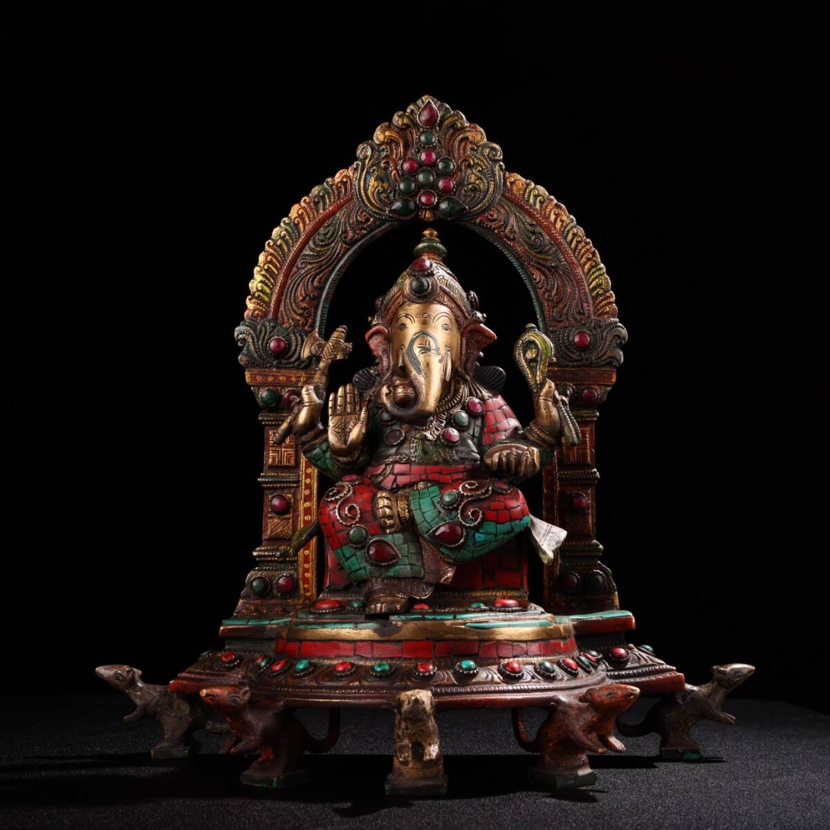 仏像 清 銅琉金 チベット仏教 彩繪嵌寶石【象鼻財神】 仏教古美術 供養品 極細工 時代物 古置物 中国古美術 唐物 旧蔵 S76拍卖