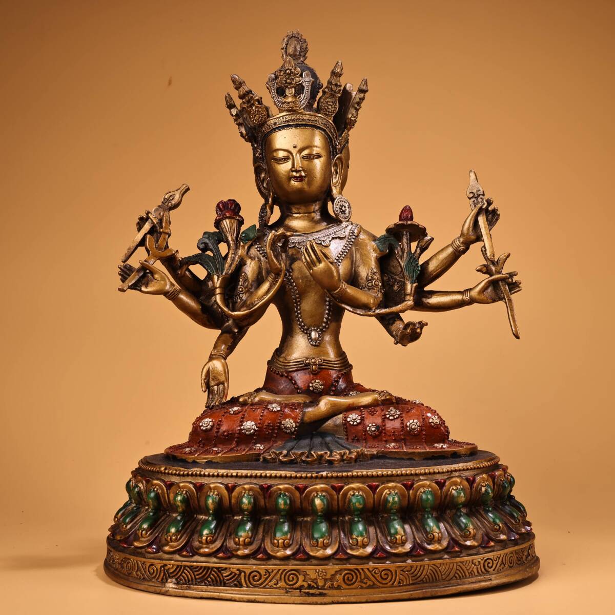 仏像 清 銅琉金 チベット仏教 彩繪【尊勝佛母】菩薩 仏教古美術 供養品 極細工 時代物 古置物 中国古美術 唐物 旧蔵 S76拍卖