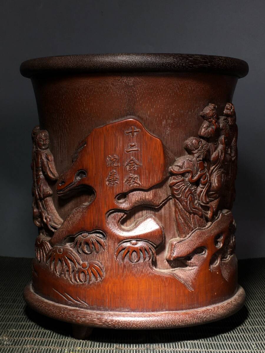 中国 清代 古木彫 十二金釵筆筒 細密毛彫 時代物 中国古美術 極細工 置物 木彫り 東洋彫刻 唐物 S76拍卖