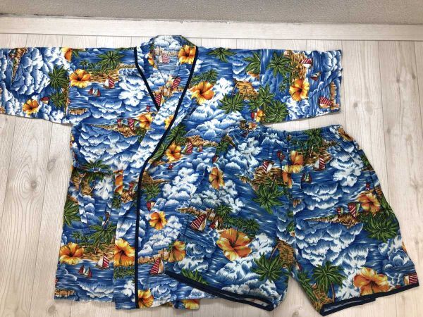 オールド サーフ リゾート ハイビスカス ヤシの木 ビーチ アロハプリント 総柄 甚平上下セットアップ メンズ 身頃ポケット付き 青拍卖