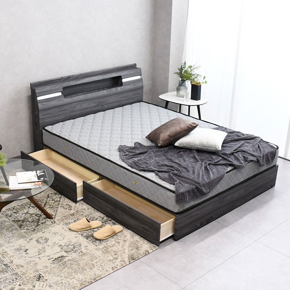 【限定送料無料】木目柄LED照明コンセント引き出し収納付きシングルベッド アウトレット家具【新品 未使用 展示品】KEN拍卖