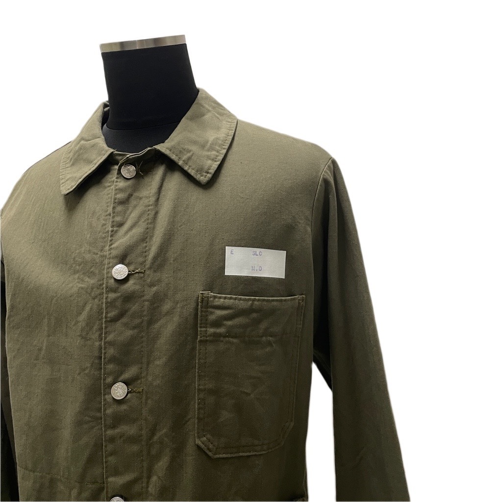 ユーロ古着 80’s ヘリンボーン コットン ワーク ジャケット / オリーブ アルミボタン HBT シャツ カバーオール ヨーロッパ ヴィンテージ拍卖