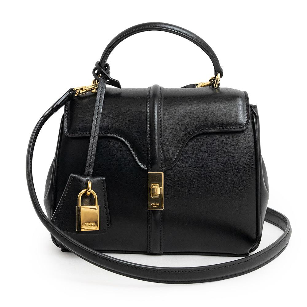 (美品)セリーヌ CELINE ミニ 16 セーズ 2Way ショルダー ハンドバッグ サテンドカーフスキン レザー ブラック 黒 197983拍卖