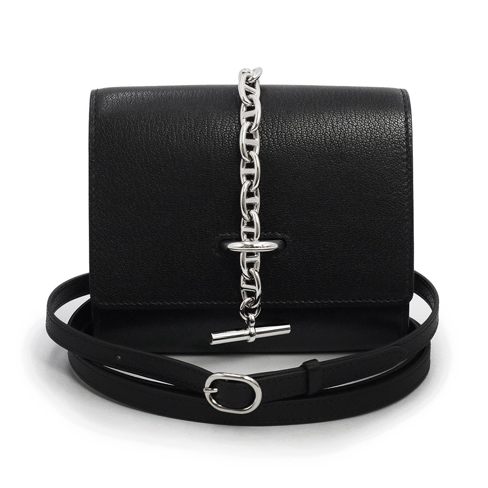 (未使用 展示品)エルメス HERMES シェーヌダンクル コンパクト 二つ折り財布 ショルダーバッグ シェーブルシャムキラ ブラック W刻印拍卖