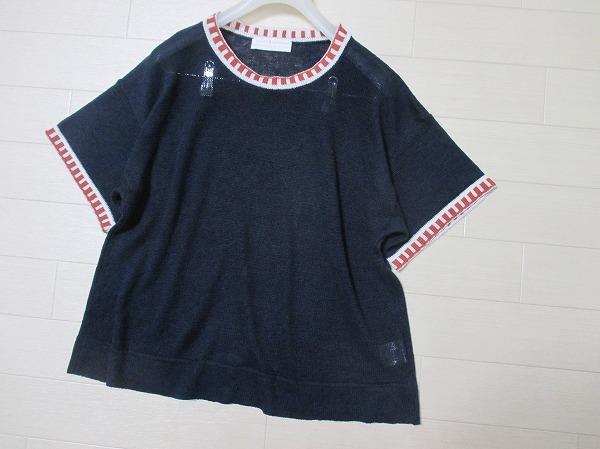 MAISON MONTAGUT*モンタギュ 麻100% ポルトガル製 配色リネンニット M 大きめ拍卖