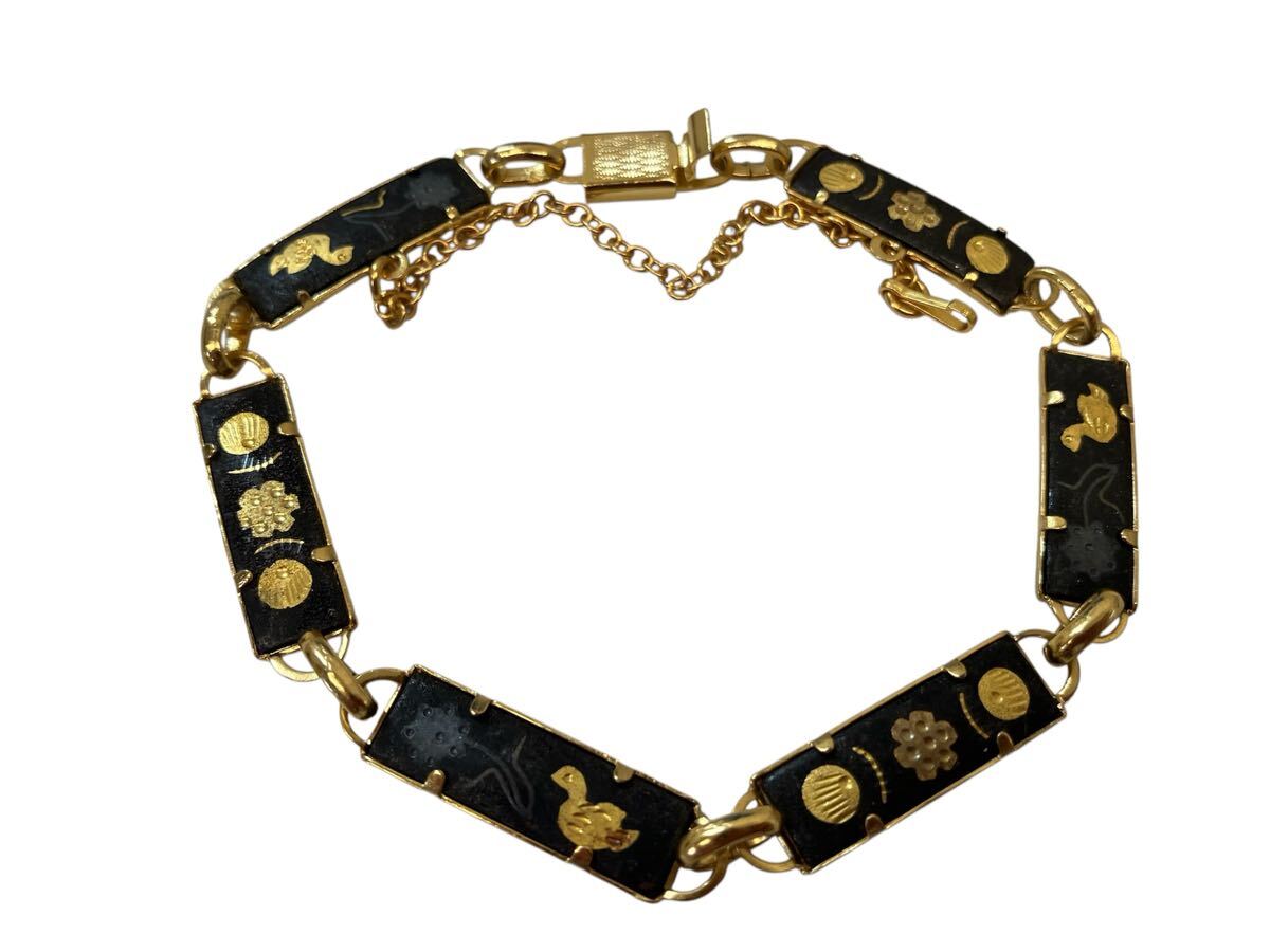 和風アンティーク ブレスレット 金蒔絵風 鳥 花柄 黒金色 安全チェーン付き 約18cm拍卖