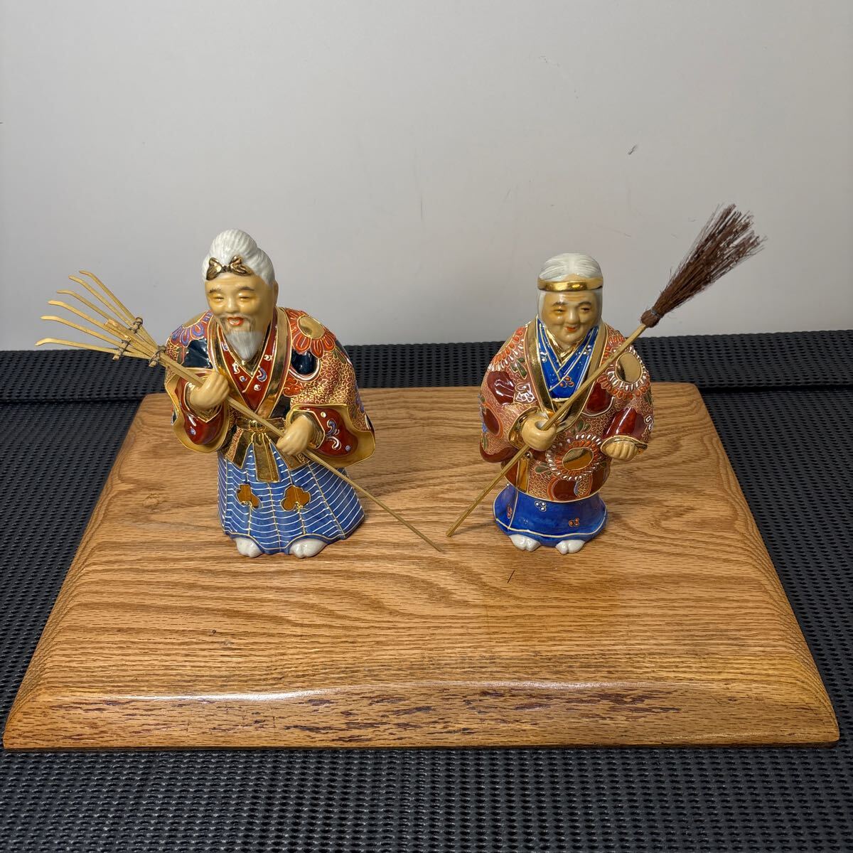 ★大阪/店舗受け取り可★高砂人形 土台付き 約高さ19cm&16cm 置物 飾り 夫婦円満 縁起物 インテリア 九谷焼★拍卖