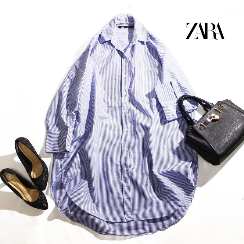 美品 ZARA ザラ 春 夏 定番 ストライプ柄 長袖 シャツワンピース XS ホワイト 白 ネイビー 紺 ビッグシャツ ロングシャツ シャツ拍卖