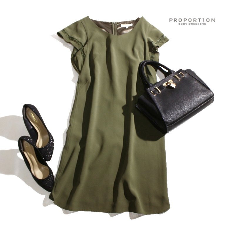 美品 プロポーションボディドレッシング PROPORTION BODY DRESSING 夏 レース 綺麗め スーツ ポリエステル ワンピース 2 カーキ オフィス拍卖