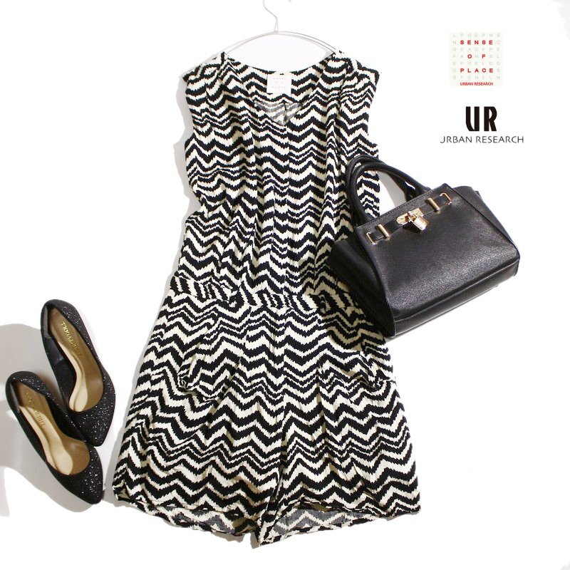 SENSE OF PLACE センスオブプレイス URBAN RESEARCH アーバンリサーチ 夏 ギザギザ ボーダー 柄 パンツ オールインワン ブラック 白拍卖