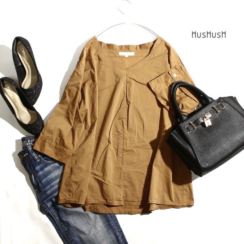 美品 ハッシュアッシュ HusHusH 株)ワールド 夏 シンプル Vネック コットン シャツ生地 ほんのり透け 半袖 カットソー ブラウス M ブラウン拍卖