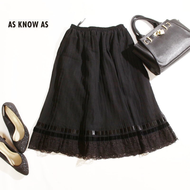美品 AS KNOW AS アズノゥアズ 春 夏 裾リボンライン レース 透け シフォン ミディ プリーツスカート 9号 38 ブラック 黒 可愛い お洒落拍卖