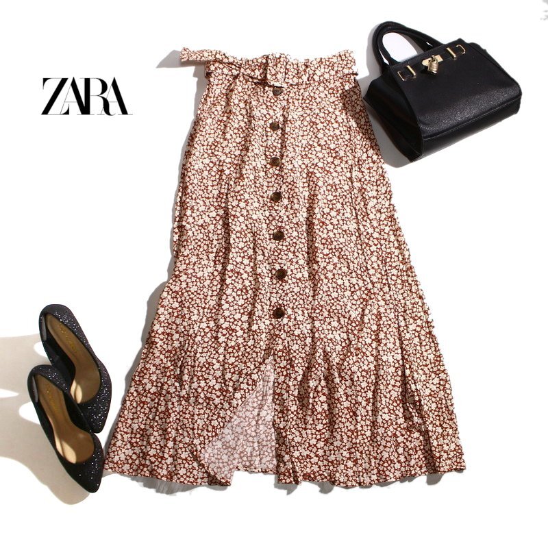 美品 ZARA ザラ 春 夏 薄手 フラワー ドット 柄 ベルト付き ロングフレアスカート XS ブラウン ホワイト ロングスカート スカート プリント拍卖