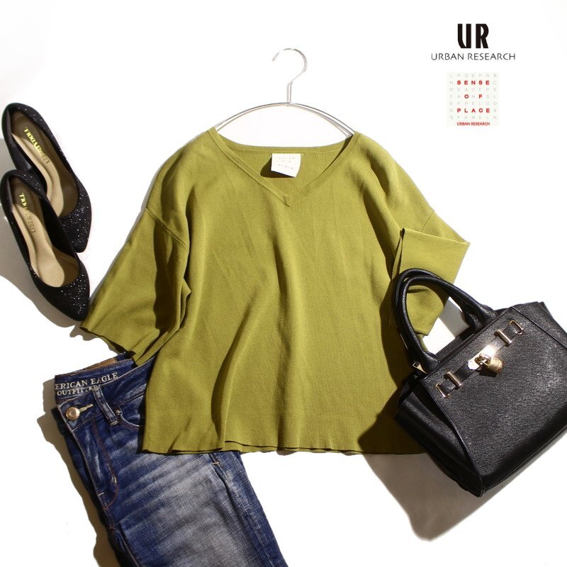 美品 URBAN RESEARCH アーバンリサーチ SENSE OF PLACE センスオブプレイス 夏 ゆったり 半袖 サマーニットカットソー くすみ グリーン 緑拍卖