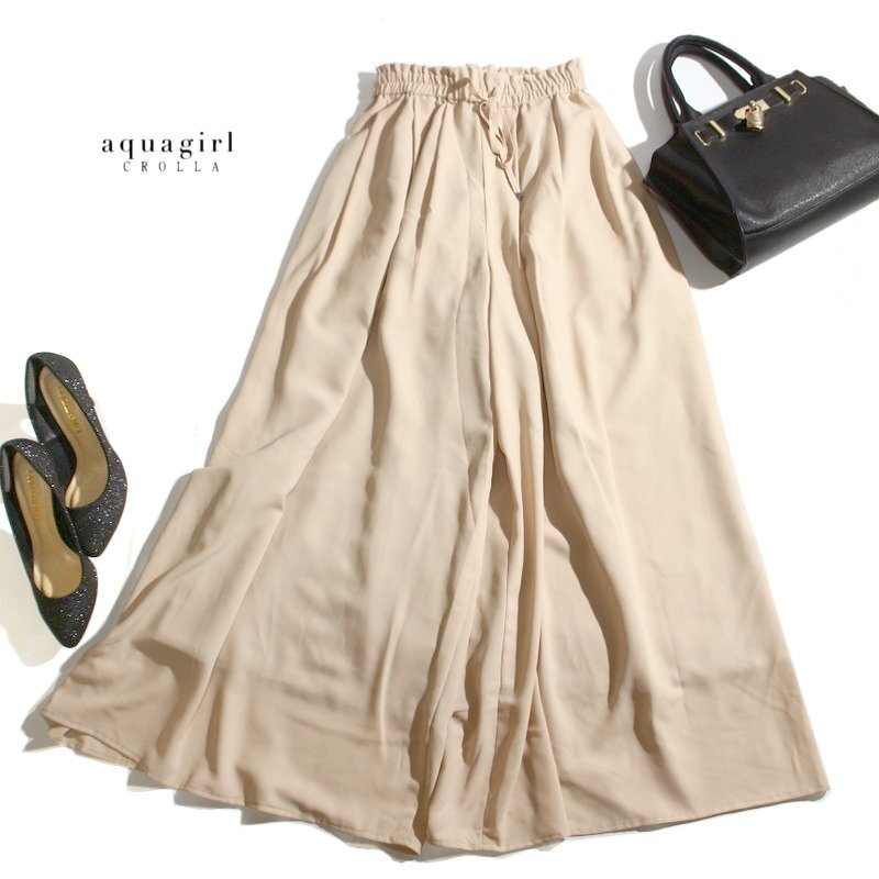 美品 クローラ CROLLA アクアガール 株) ワールド 春 夏 やさしい ベージュ フレアパンツ スカーチョ ワイドパンツ シフォン 36 ベージュ拍卖