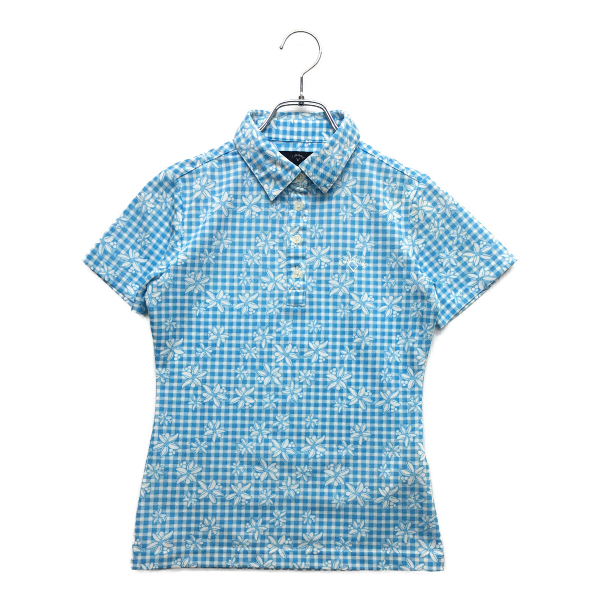 coco 中古【値下げ】 キャロウェイ Callaway レディース 半袖ポロシャツ S 水色×白 ギンガムチェック 花柄 ネコパケ発送可 96457拍卖