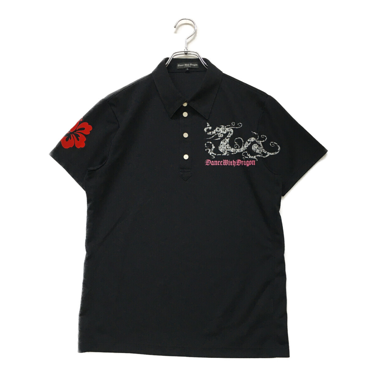 coco 中古【値下げ】 ダンスウィズドラゴンDANCE WITH DRAGON メンズ 半袖ポロシャツ 2(M) ブラック ハイビスカス ネコパケ発送可K015420拍卖