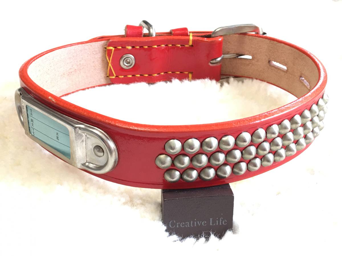 ★同梱お得★♯30-№36・本皮平首輪・迷子札付き・赤♪拍卖