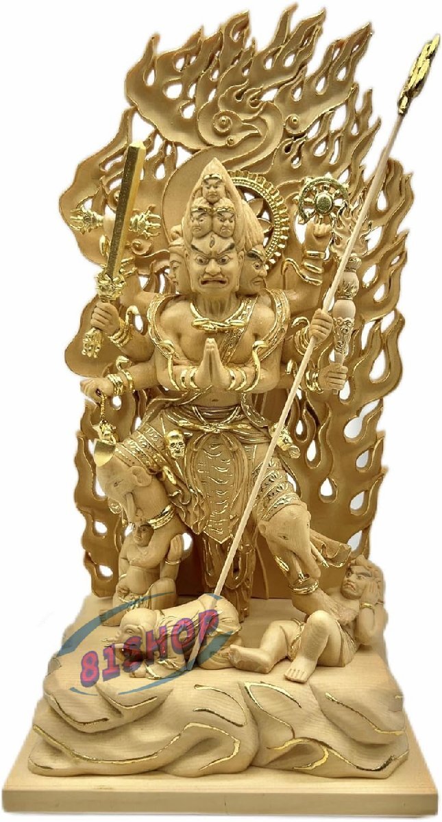 「81SHOP」大元帥明王 木彫り仏像 桧木 立像 6面8臂 高さ38CM拍卖