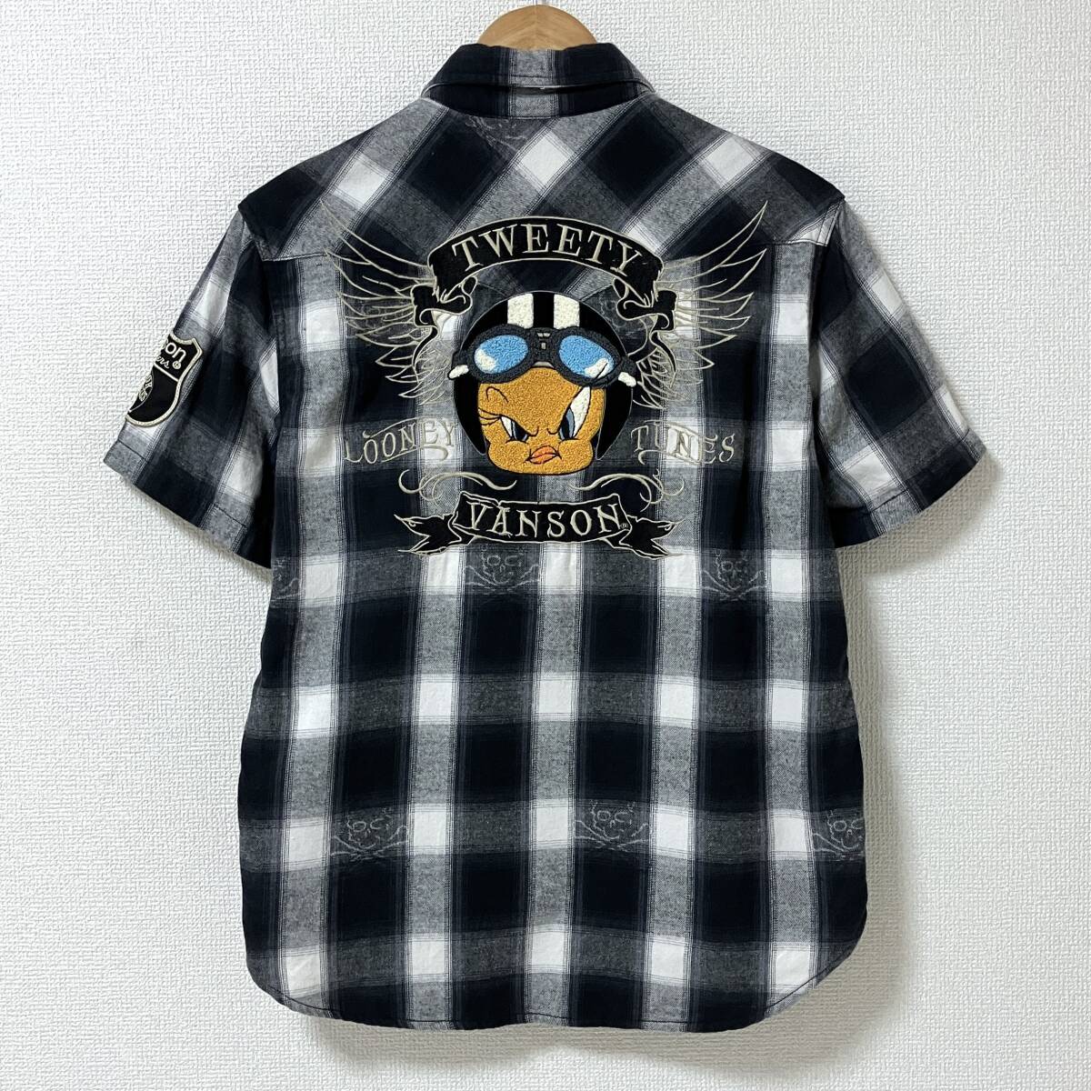 VANSON × TWEETY ワッペン 刺繍 スカル オンブレチェック 半袖 ネルシャツ ブラック Mサイズ ヴァンソン バンソン LOONEY TUNES 5060114拍卖