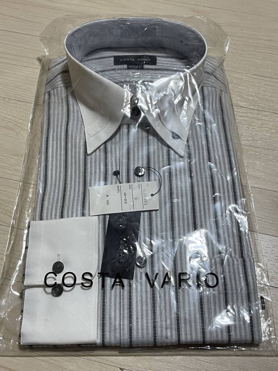 新品 山喜 コスタヴァリオ 日本製ストライプ柄 BD ドレスシャツM白黒 COSTA VARIO メンズ長袖シャツ コットン拍卖