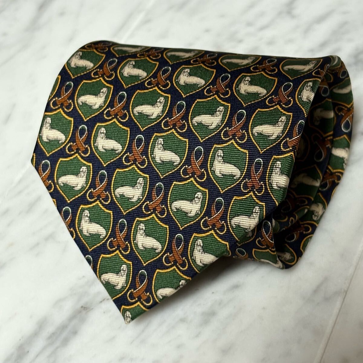 999円~ JOHN COMFORT ネクタイ ネイビー グリーン系 総柄 (B10)拍卖