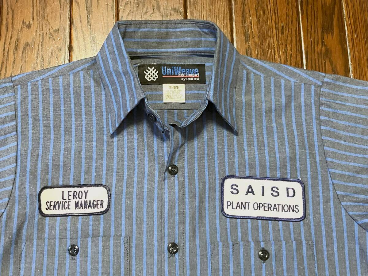 UniWeave ユニウィーブ 半袖 ストライプ ワークシャツ S グレー ブルー ワッペン付き 検索 作業着 スケボー バイカー拍卖