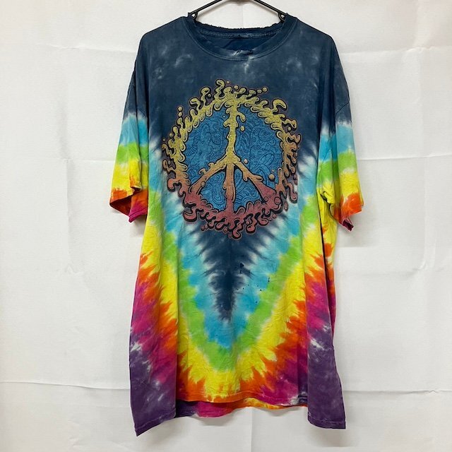 JJ58 XL アメリカ古着 コットン系 フロントプリント ピースマーク タイダイ柄 半袖Tシャツ マルチカラー メンズ拍卖