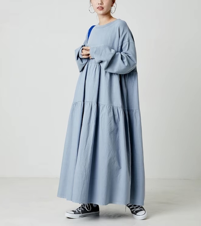 新品 フリークスストア ピグメント加工 ティアード マキシワンピース ブルーグレー 水色拍卖