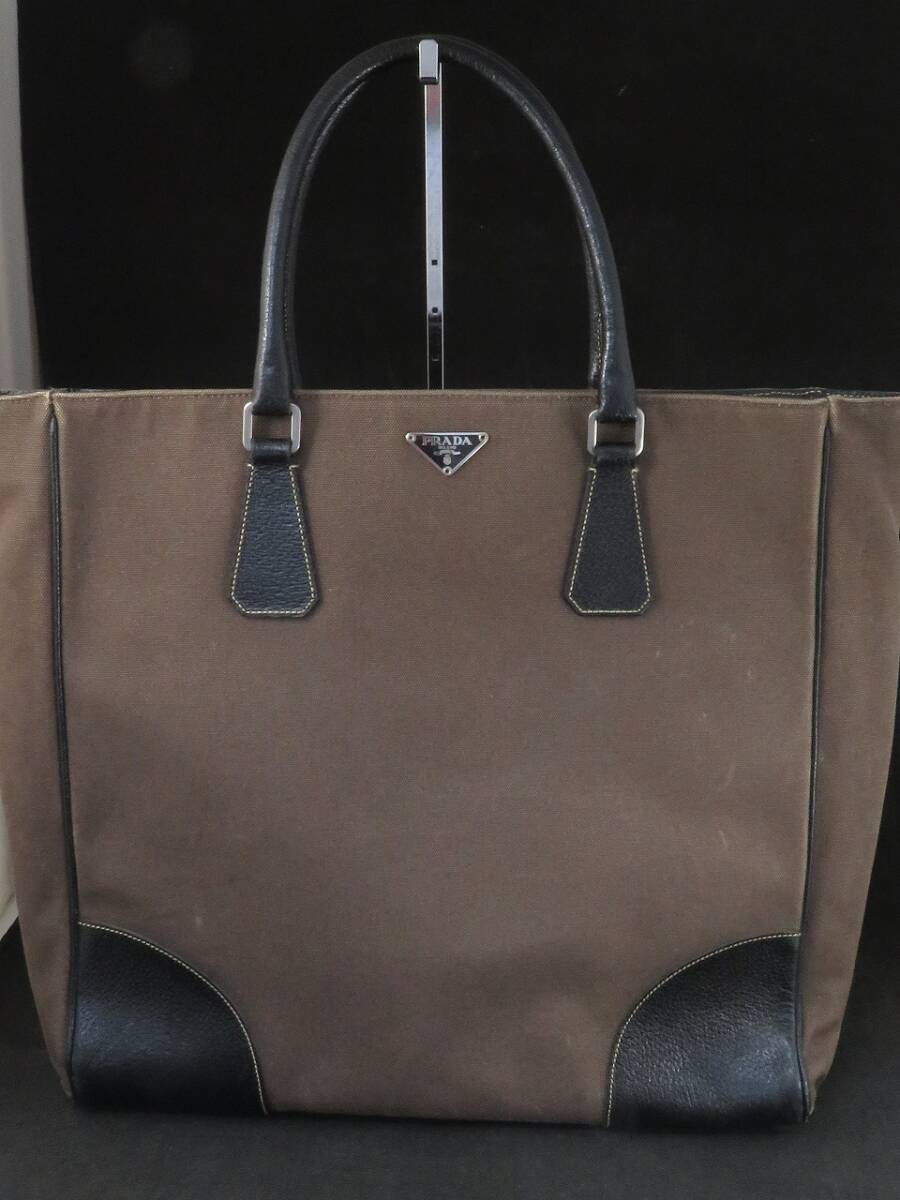 プラダ PRADA ハンドバッグ 三角ロゴプレート トートバッグ レザー キャンバス ブラウン *13拍卖