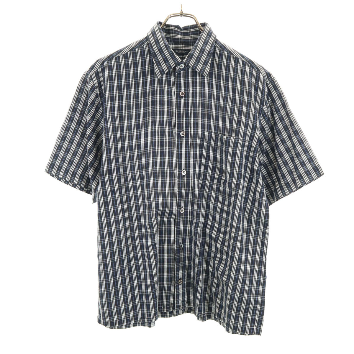 BURBERRY LONDON バーバリーロンドン チェック柄 半袖 コットンシャツ L ネイビー 三陽商会 メンズ拍卖
