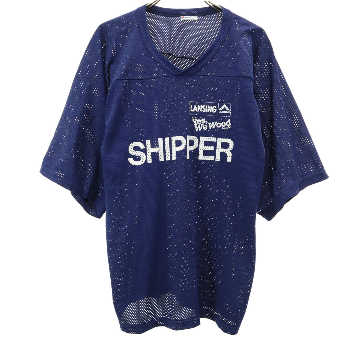 Champion チャンピオン 90s Team Wear 半袖 Vネック メッシュ シャツ XL ネイビー系 メンズ拍卖