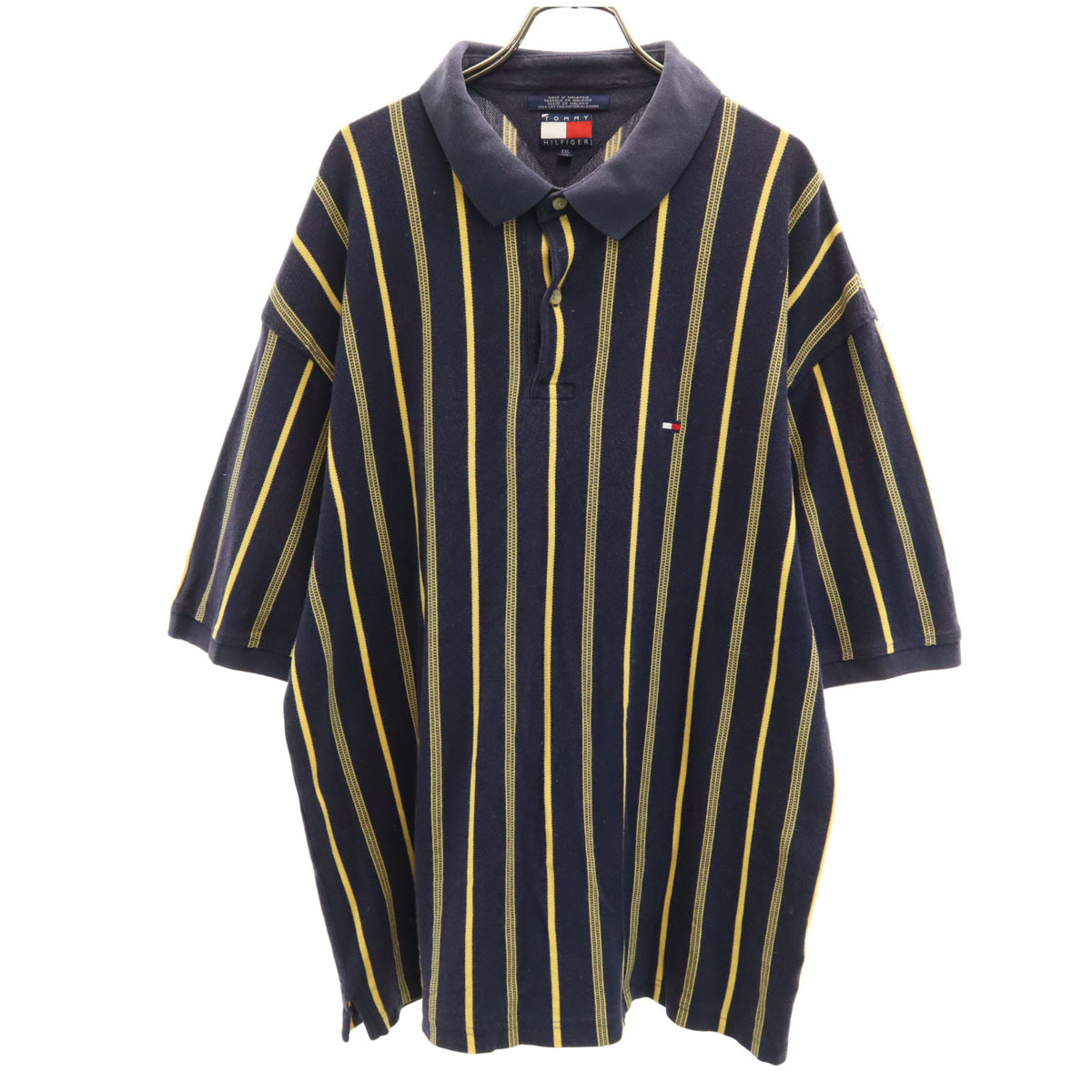 TOMMY HILFIGER トミーヒルフィガー 90s オールド フラッグタグ ストライプ柄 半袖 ポロシャツ XXL 鹿の子地 ビックサイズ メンズ拍卖