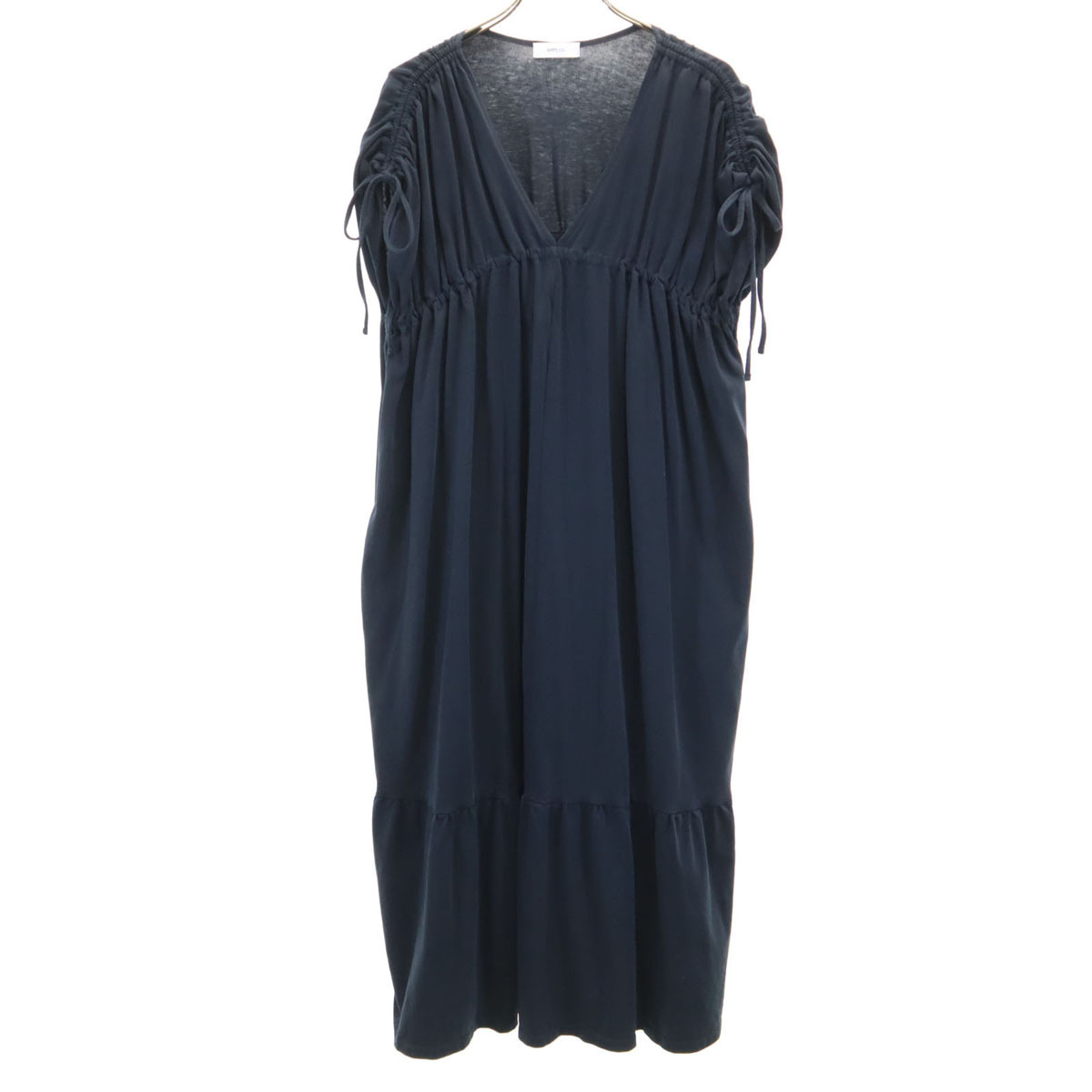 SHIPS any シップスエニィ フレンチスリーブ Vネック ショルダーギャザー ドロスト ティアード ワンピース F ネイビー レディース拍卖