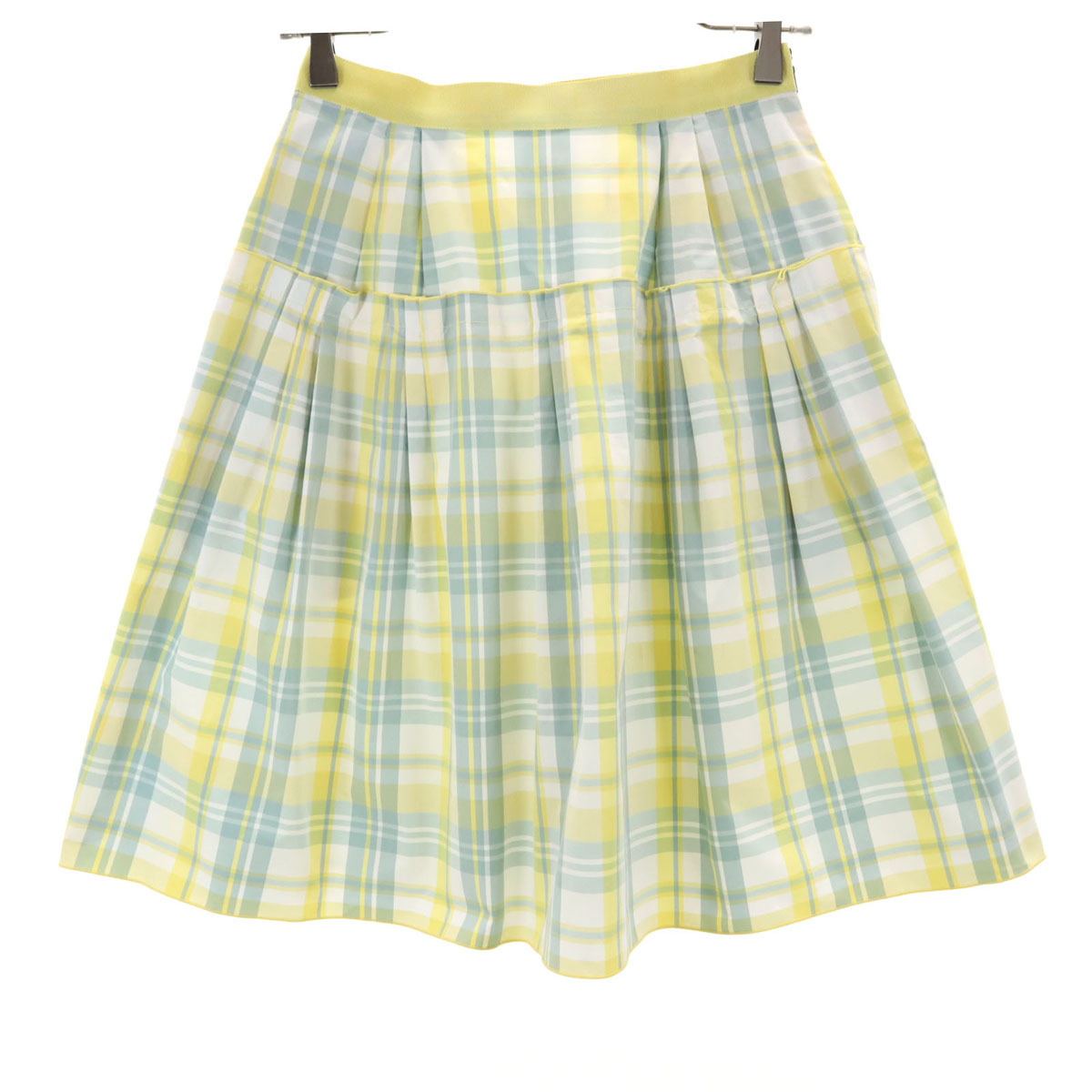 FOXEY NEW YORK フォクシーニューヨーク 日本製 チェック柄 ミディ丈 フレアスカート 38 イエロー レディース拍卖