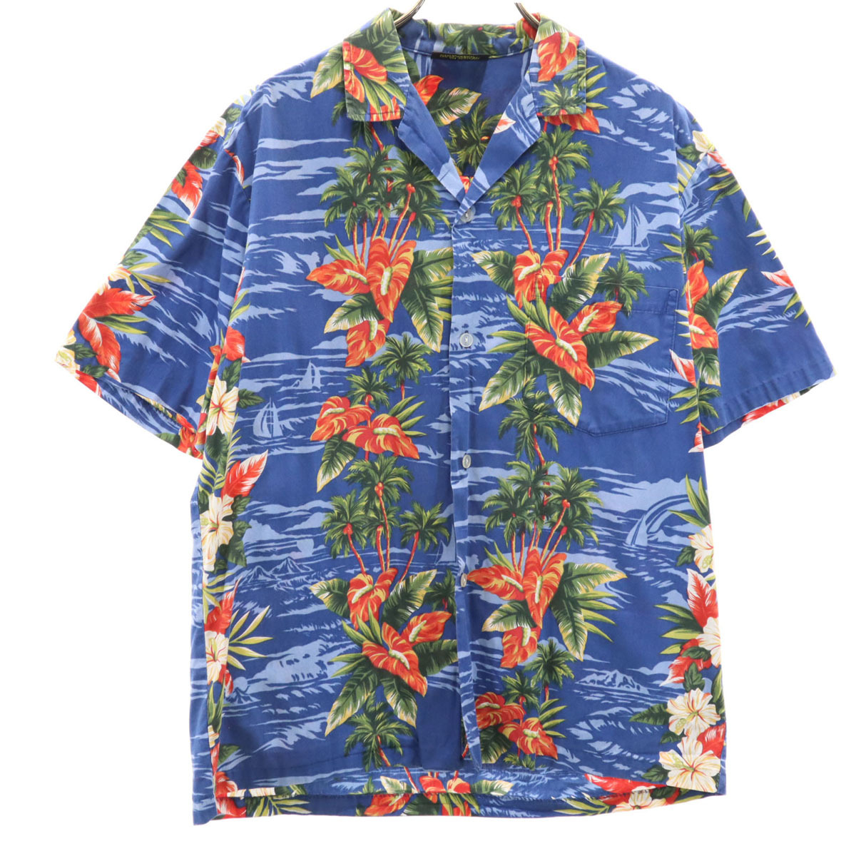 Royal Creations ロイヤルクリエーションズ ハワイ製 ボーダーパターン 花柄 半袖 アロハシャツ M ブルー 開襟 メンズ拍卖