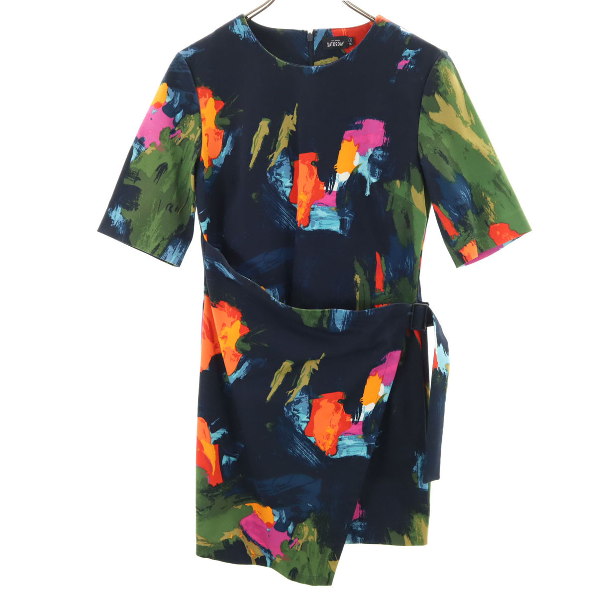 Kate Spade ケイトスペード 総柄 半袖 ラップ風 ミニワンピース 2 ネイビー SATURDAY レディース拍卖