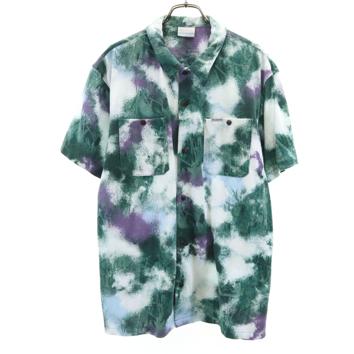 Columbia コロンビア 総柄 半袖 ポーラーパイオニア シャツ L 深緑 アウトドア OMNI-FREEZE ストレッチ メンズ拍卖