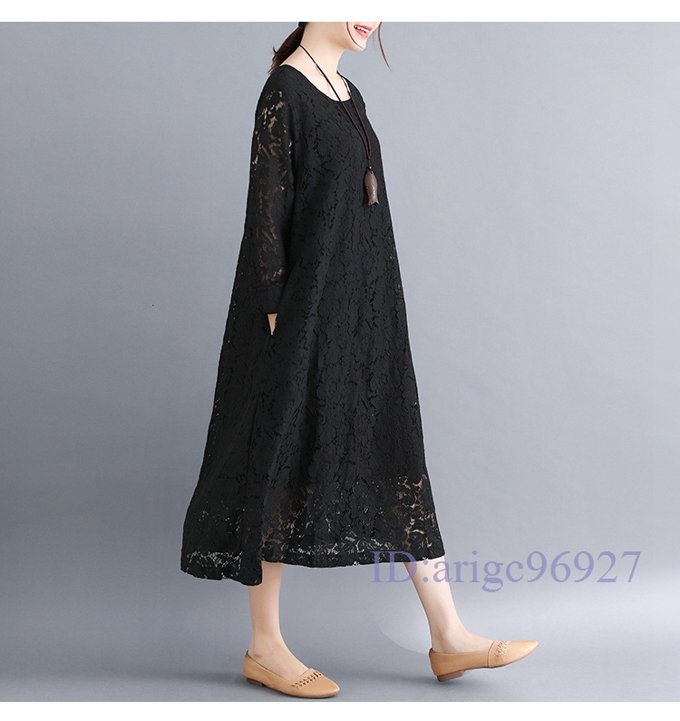M961★新品春秋カジュアル*総レース上質*カジュアル*コットン裏地*体型カバー**長袖ロングワンピース*黒サイズ選べる/Mサイズ拍卖