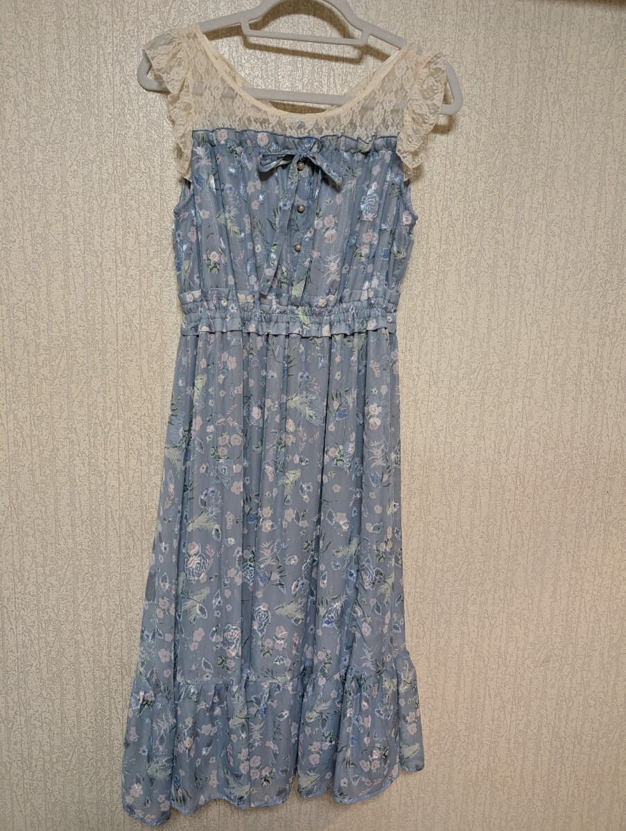 ノースリーブ ワンピース М 水色 花柄 美品拍卖
