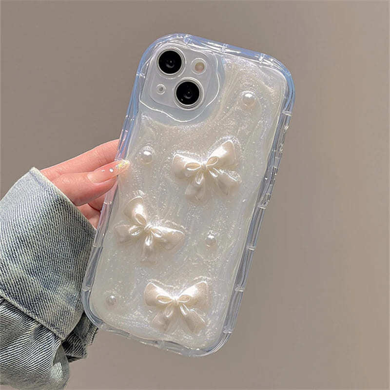【アウトレット】iPhone15 ケース カバー 3Dリボン パール ウェーブ 可愛い ワンホン お洒落 割れにくい スマホカバー 韓国 AB0002拍卖