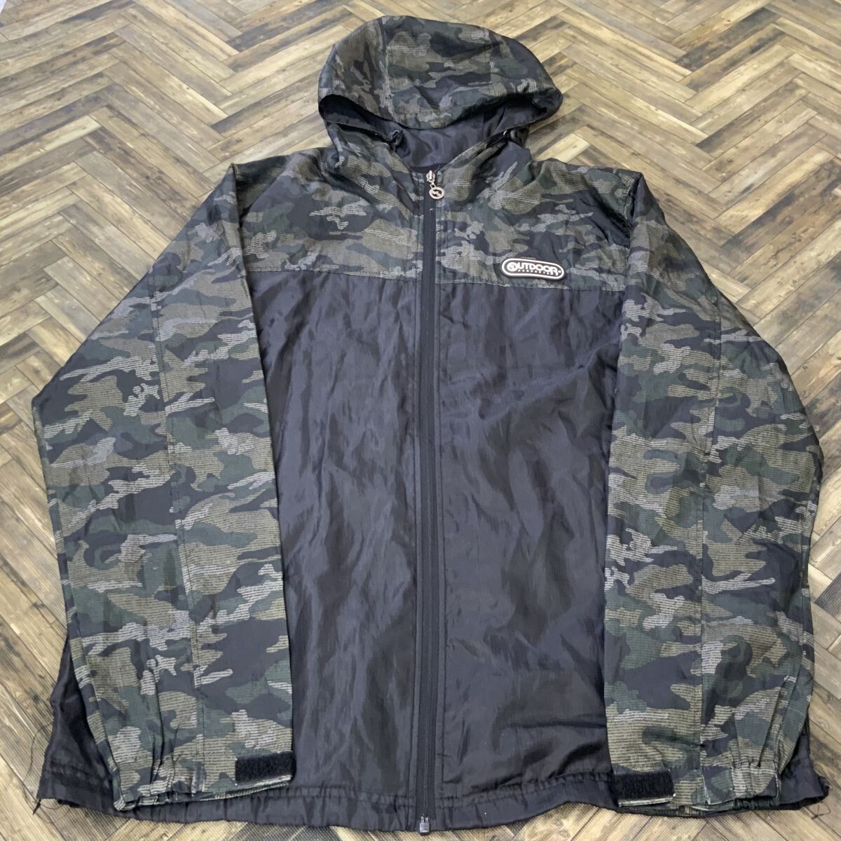 QS1416 アウトドア パーカー ジップアップ OUT DOOR グリーン ブラック 迷彩柄 メンズ3L拍卖
