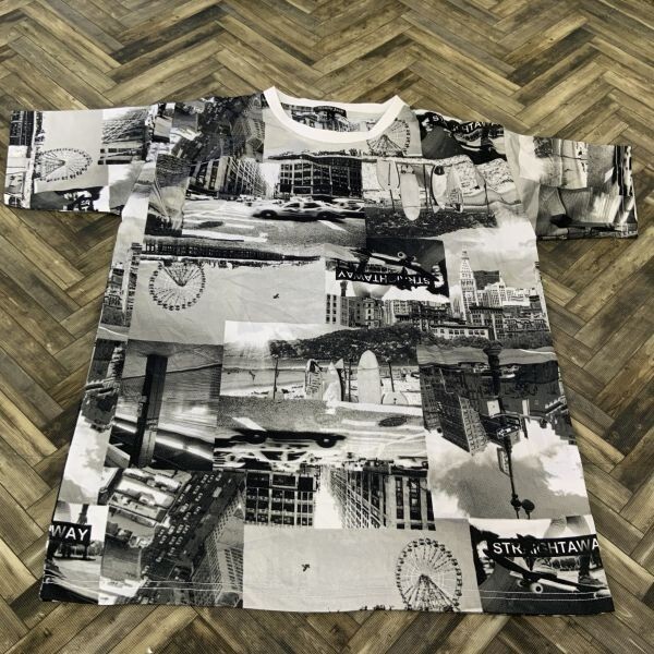 QS855 総柄 フォトグラフィック 半袖 ポリT グレー L拍卖