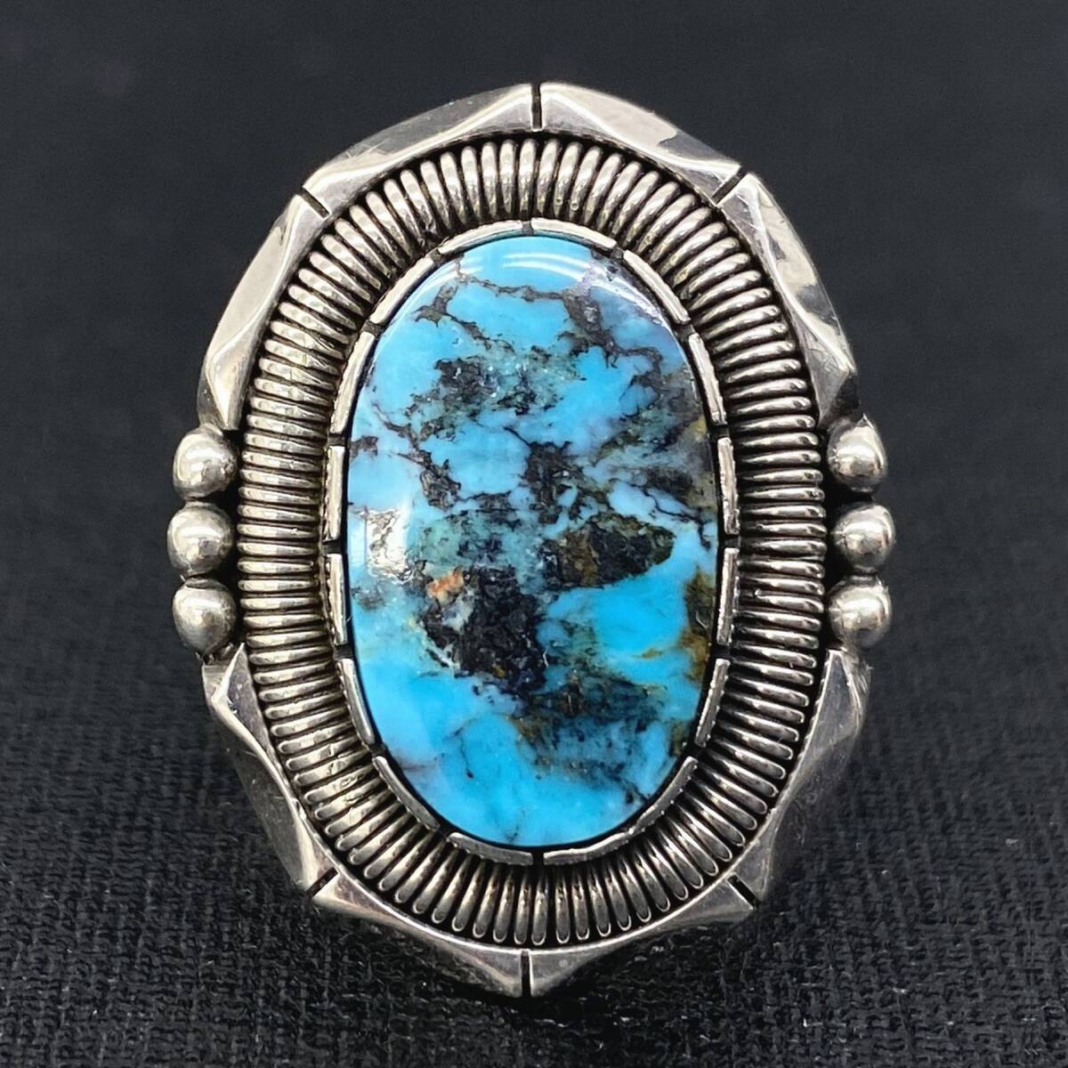 NAVAJO ナバホ Will Vandever ウィルバンデバー シルバー ビズビーターコイズ ネイティブ スタンプワーク デザイン リング 指輪 ペンダント拍卖