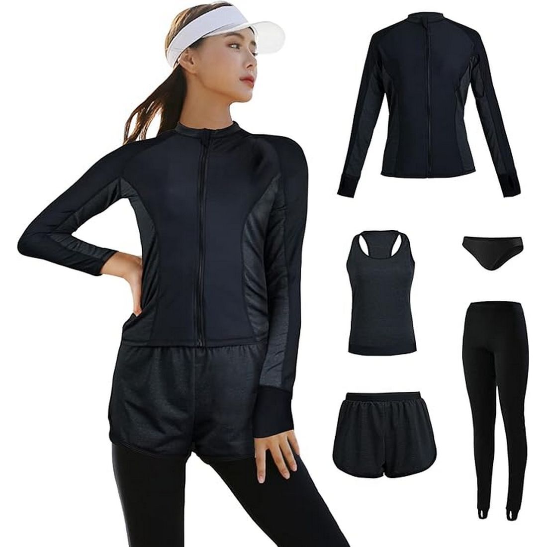 ラッシュガード 5点セット Lサイズ フィットネス 水着 レディース 体型カバー タンクトップ レギンス 長袖 UVカット拍卖