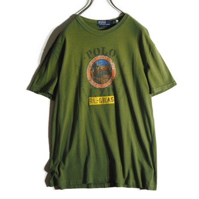 P3002f16 ■Polo Ralph Lauren ポロラルフローレン■ グラフィック 半袖 Tシャツ カーキ M / クラックプリント メンズ コットン 春夏拍卖