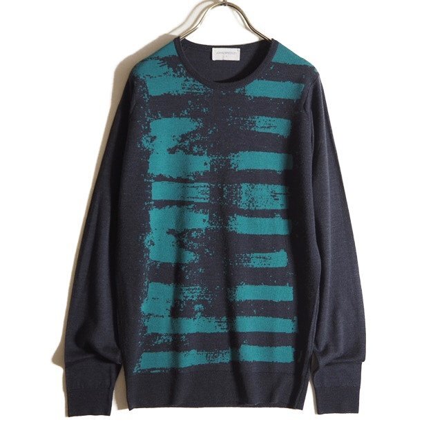 P4659f21 ■JOHN SMEDLEY ジョンスメドレー■ ウール ハイゲージ クルーネックニット グリーン ネイビー 柄 S / メンズ ウールニット 秋冬拍卖